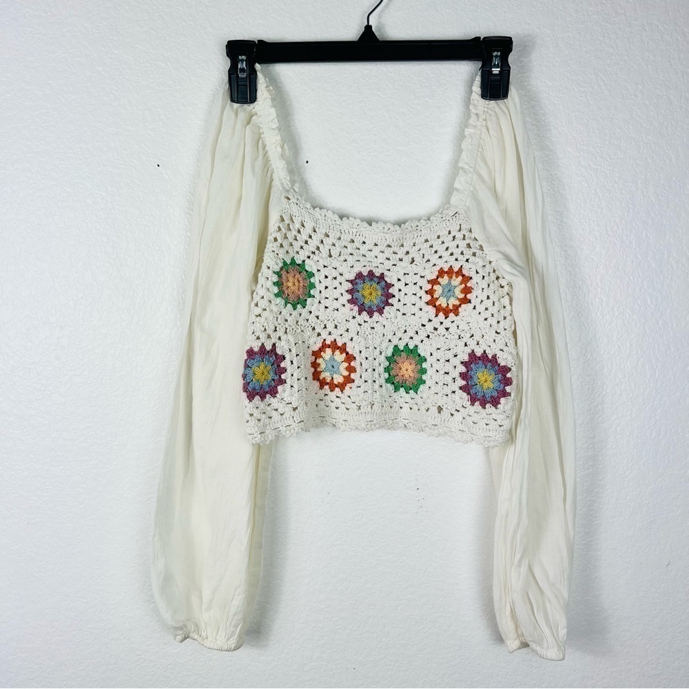 Aerie crochet Puff Sleeve Crop Top S